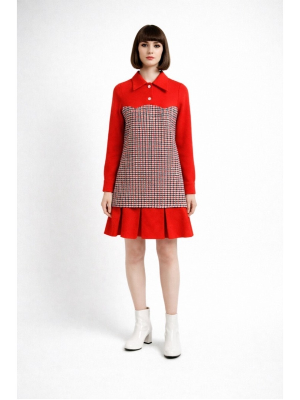 Authentic Vintage 1960s Mod Wool Dress Junior 9 Red Houndstooth The Young Look